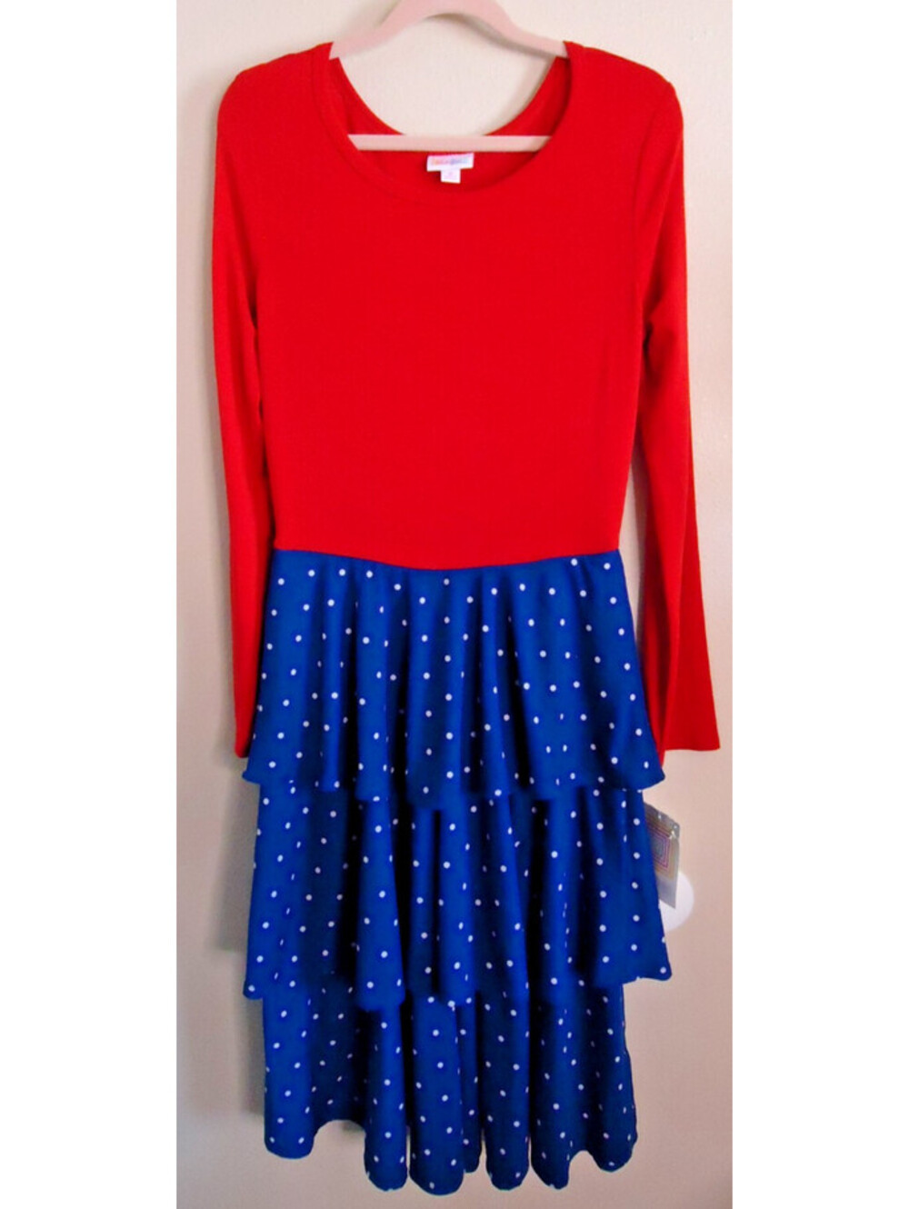 LulaRoe Georgia Ruffle Tiered Dress Size Med Red White Blue American Dots New
